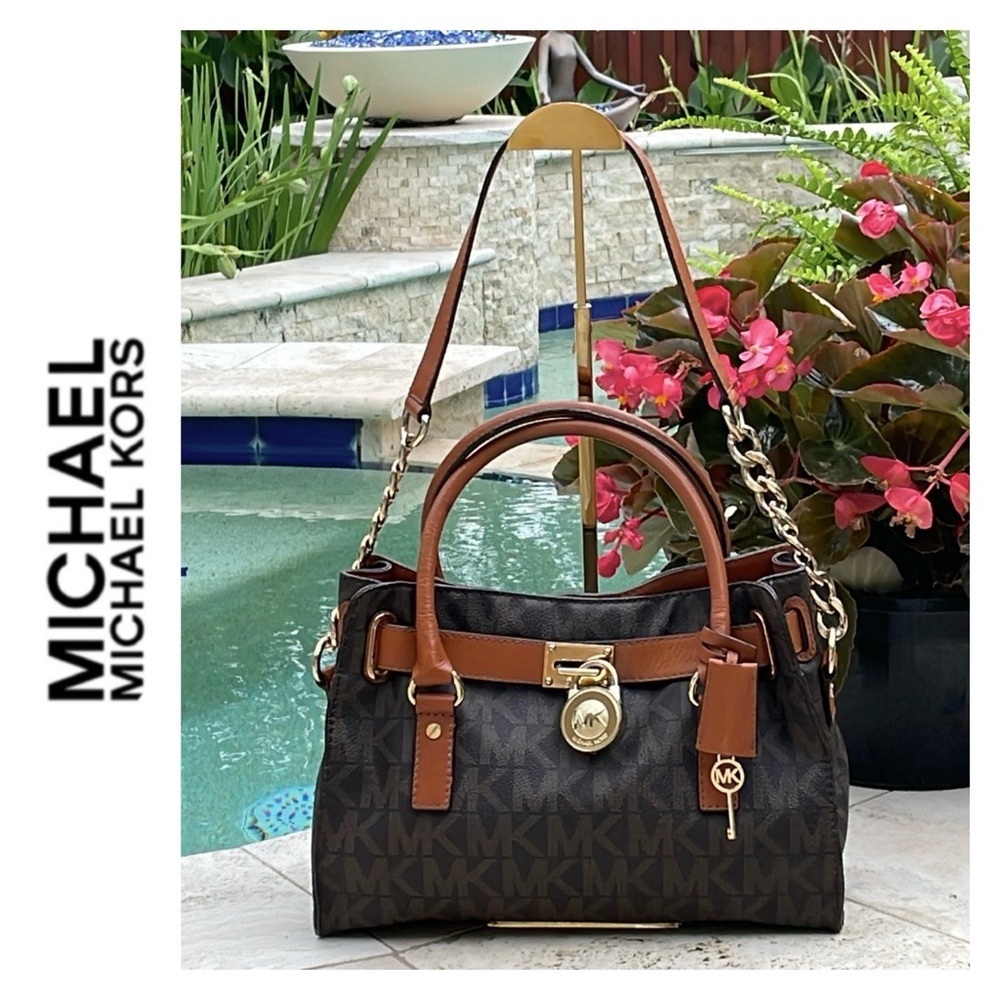 Michael Kors Hamilton Brown Signature Print Satchel/Shoulder Bag w/Gold-Toned HW